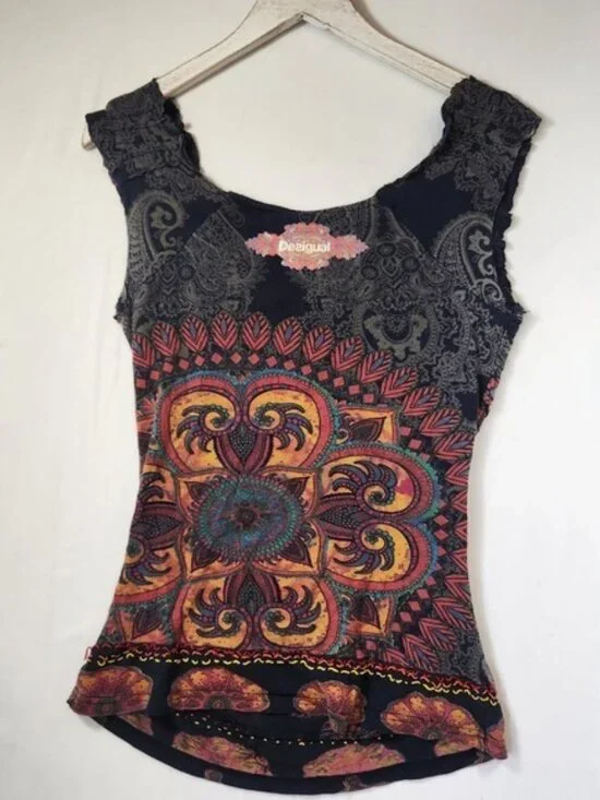 2000s vintage Desigual Womens Blue Paisley Mandala Sleeveless Knit M flaws - Picture 4 of 8